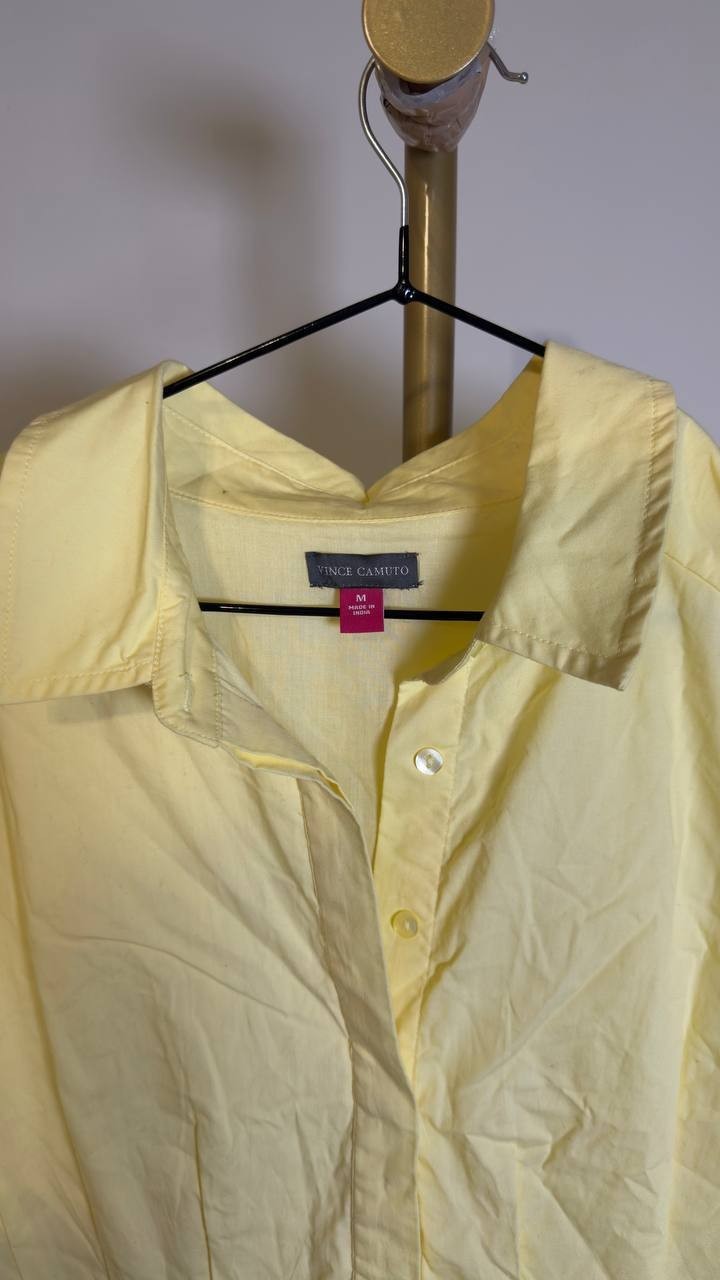 Vince Camuto Pleated Cotton Button‑Up Maxi Shirtdress Lemon Cream M NWT $139