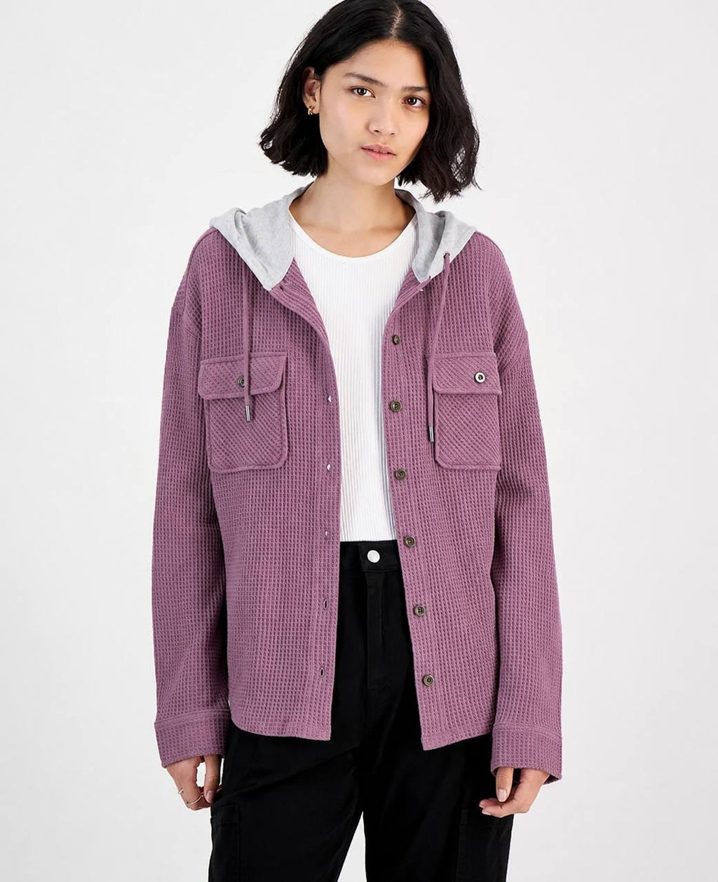 Hippie Rose Juniors' Hooded Waffle Knit Shacket Valerian Combo M NWT $38