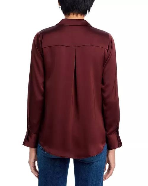 AQUA Satin Button Front Blouse Dark Cherry Size XXS NWT $78 – Chic Office Style