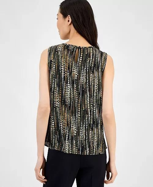 Anne Klein Round Neck Sleeveless Top Olive Palm Multi S NWT $79