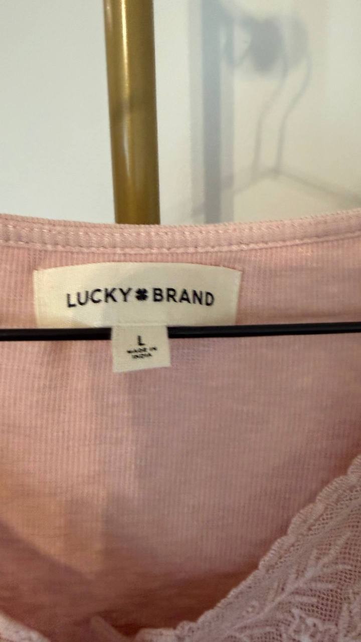 Lucky Brand Lace Yoke Henley Knit Top Rose Smoke L Damaged
