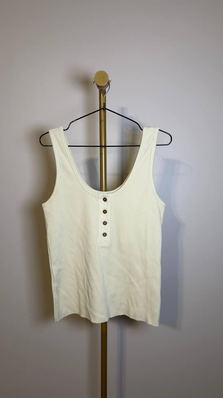 Vince  Women’s  Ribbed  Cotton‑Blend  Henley  Tank  Sun  Ivory  M  NWT  $148