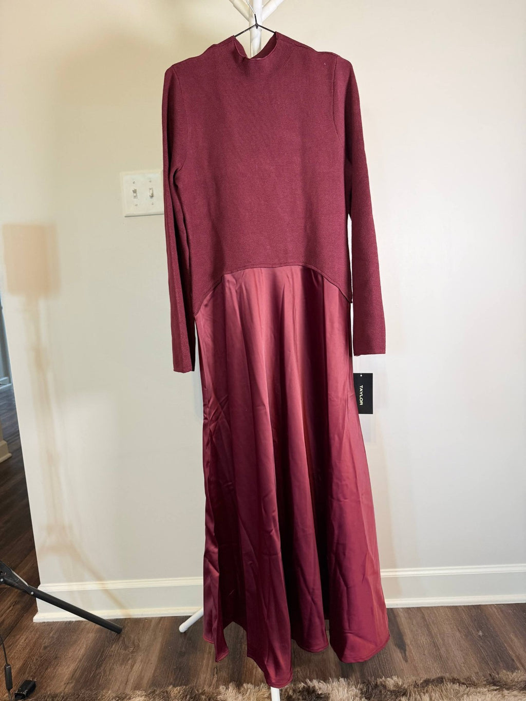 Taylor Satin Twofer A‑Line Sweater Dress Mahogany NWT Size M – Elegant Midi