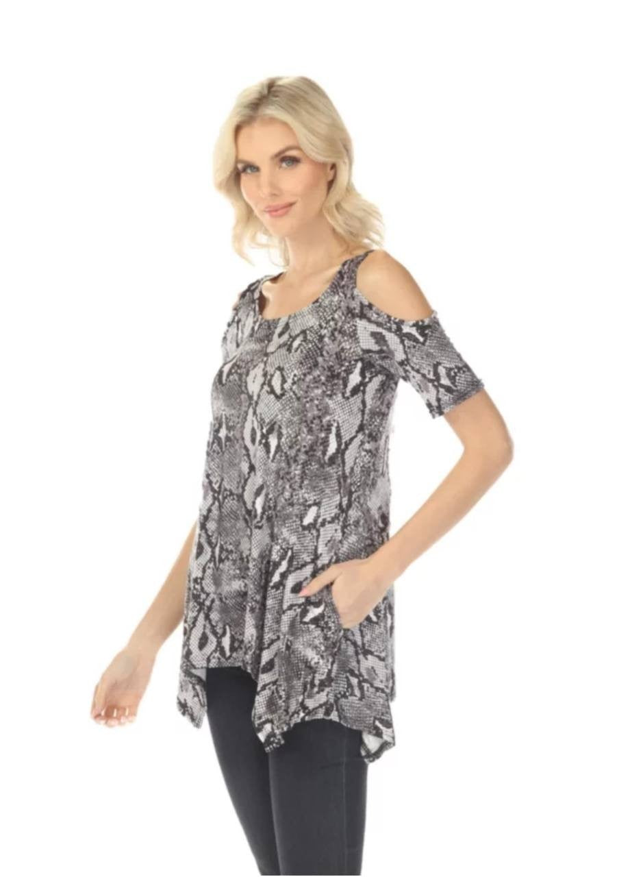 White Mark Cold Shoulder Snake Print Swing Top Gray XL NWOT $72
