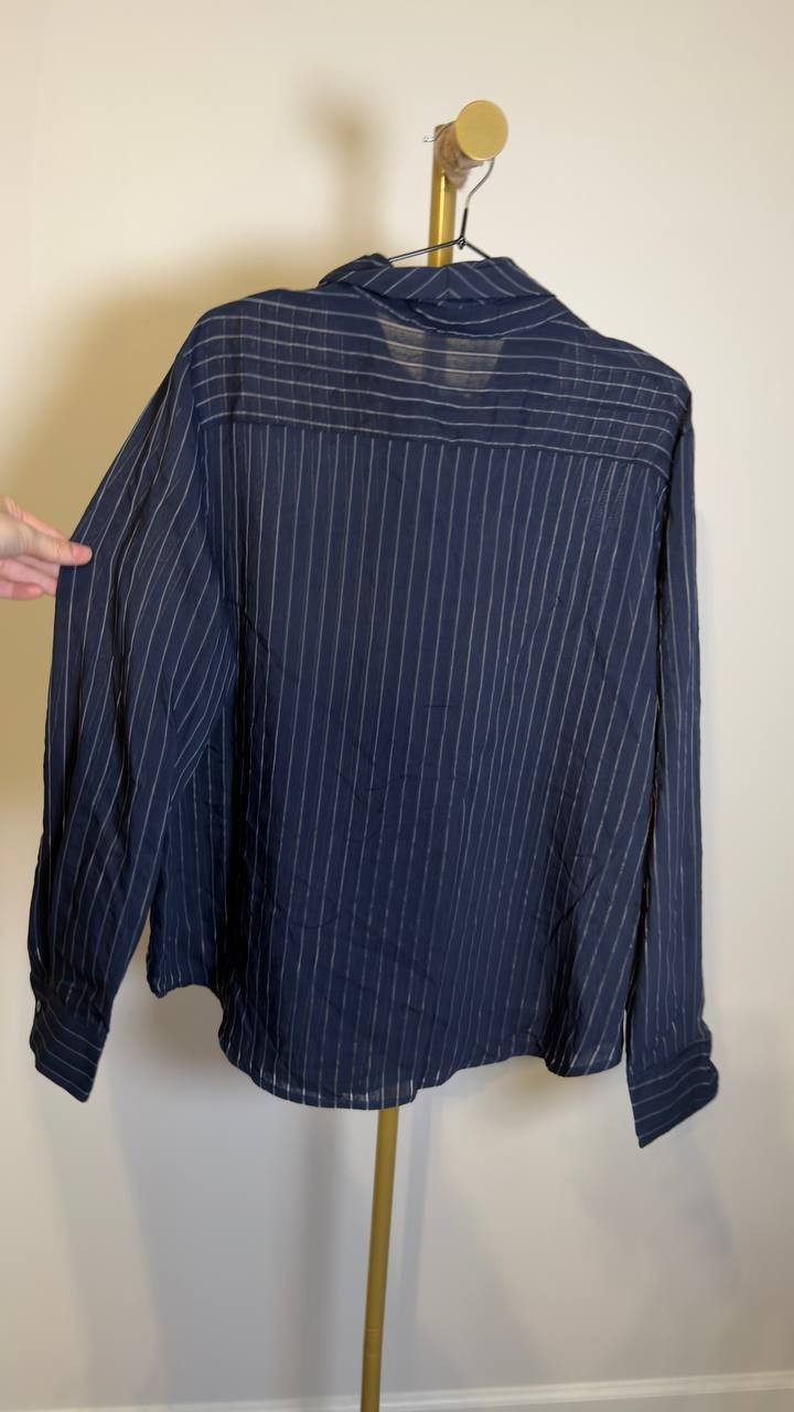 Mango Tie Neck Striped Button Blouse Navy 8 NWT $70