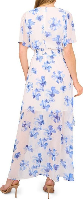 CeCe White Blue Floral Smocked‑Waist Maxi Dress M NWT Feminine Flowy $99