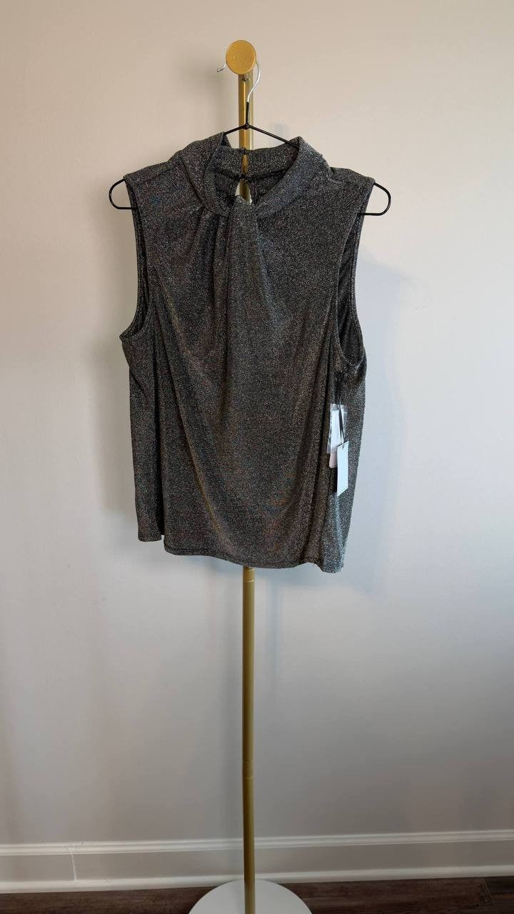 1.STATE Metallic Pleated Sleeveless Top Rich Black XL NWT $59