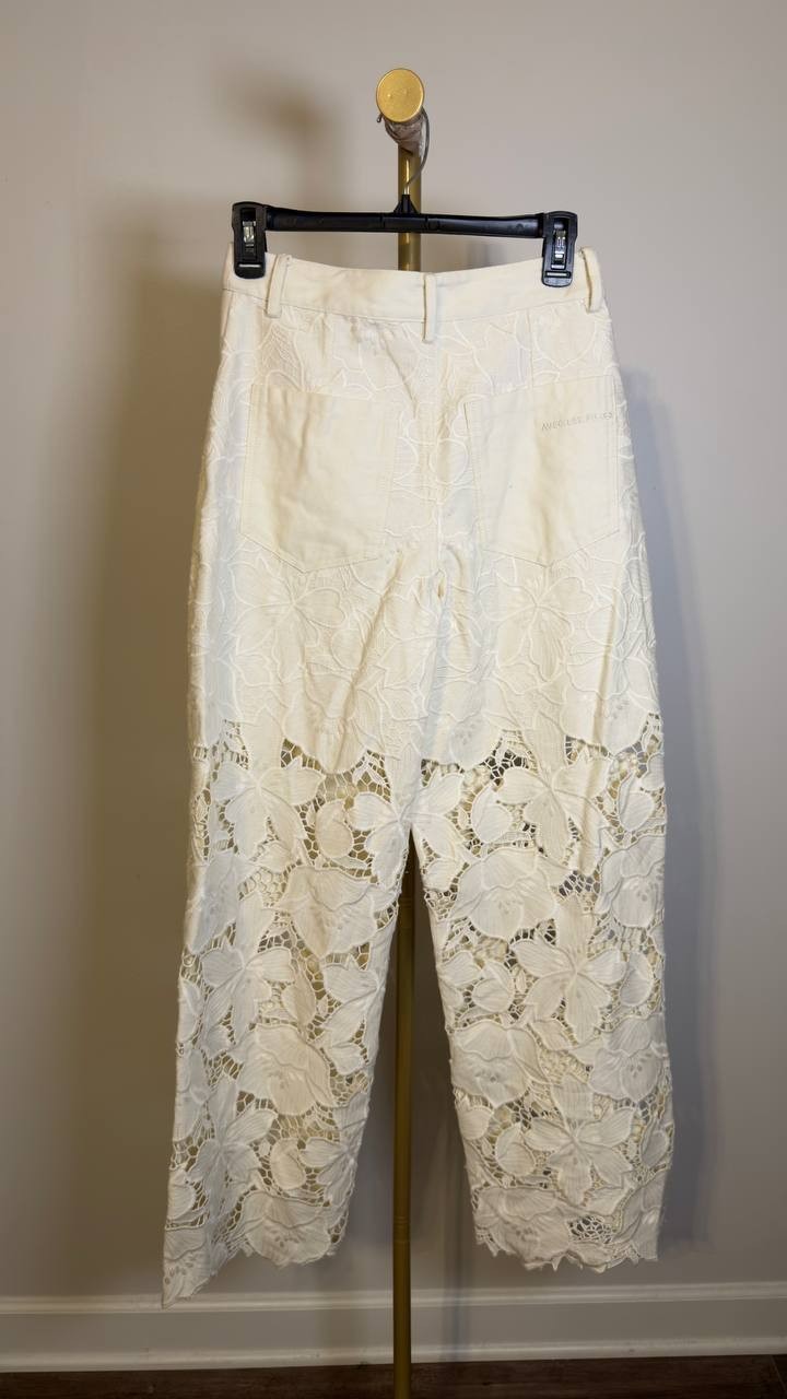 Avec Les Filles High Waist Embroidered Lace Cotton Pants Off White 27 NWT $158