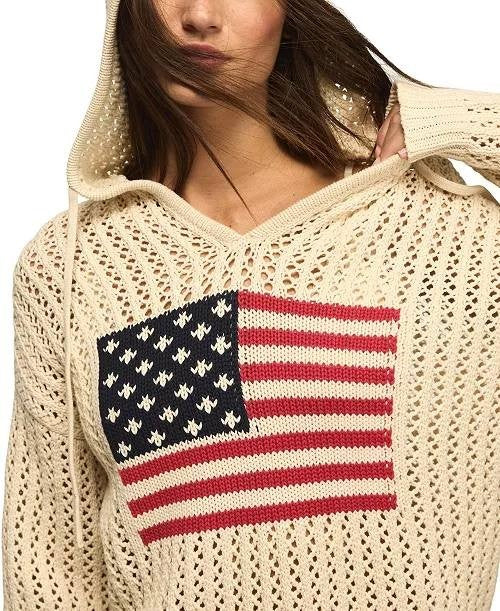 Lucky Brand Americana Flag Cotton Hooded Sweater Whitecap Gray M NWT $129