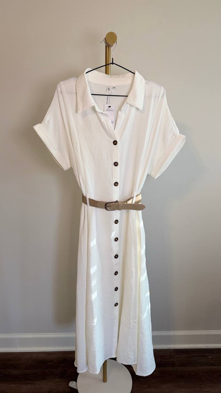 NY Collection Short-Sleeve Button-Front Belted A-Line Dress White XL NWT $58
