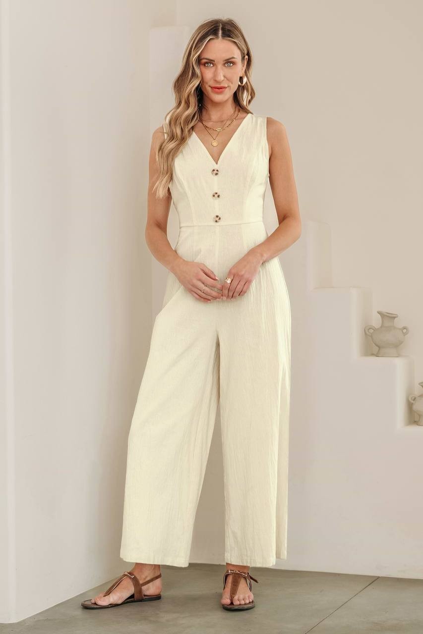 Cupshe High Society Beige Jumpsuit XL Wide Leg Bow Tie Back NWT Chic Outfit