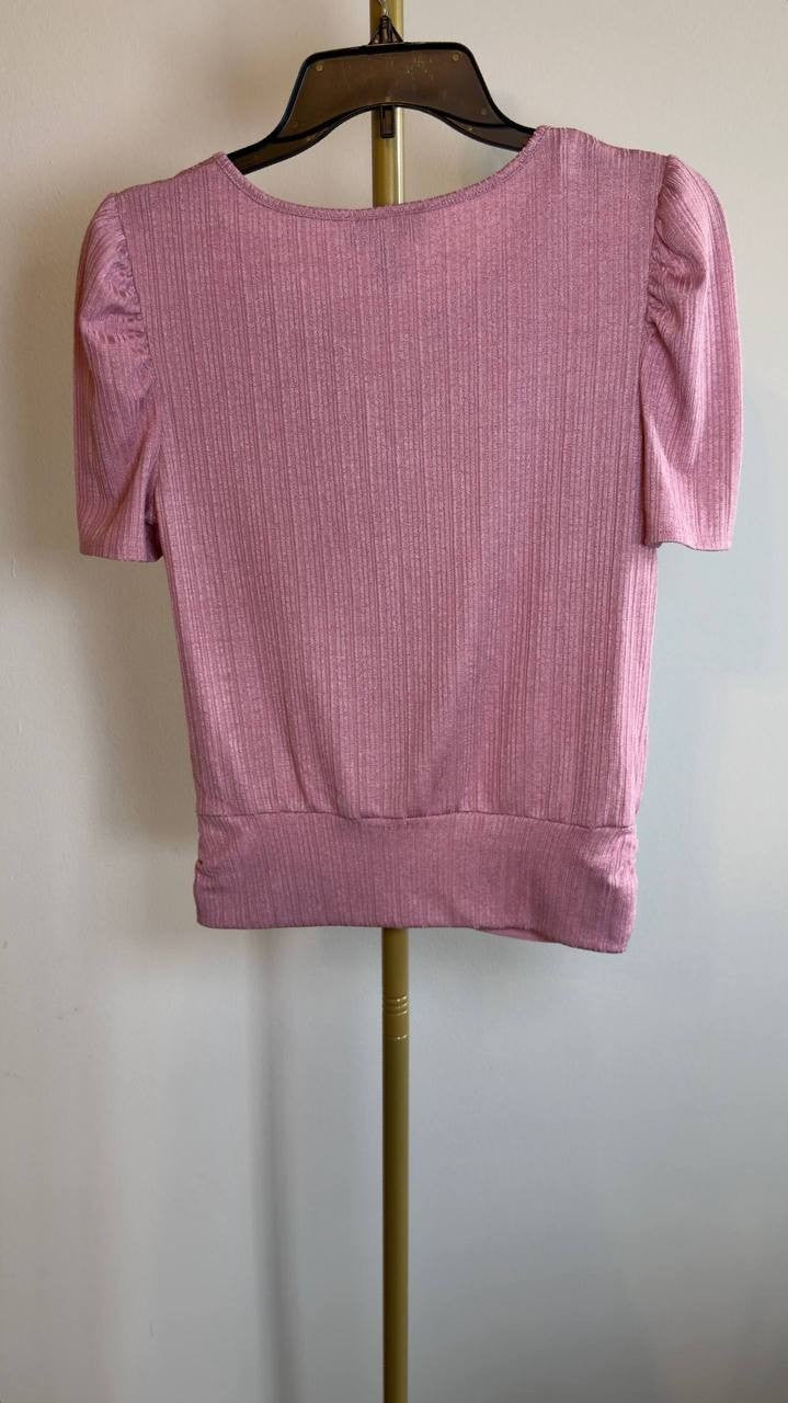 BCX Ribbed Puff‑Sleeve Keyhole Top Rose Pink S NWOT $39