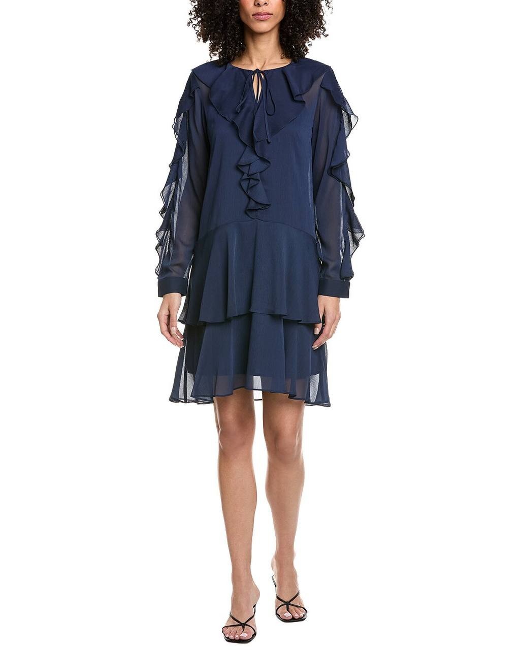 Karl Lagerfeld Paris Layered Ruffle Tie-Front Dress Navy 16 NWT $149