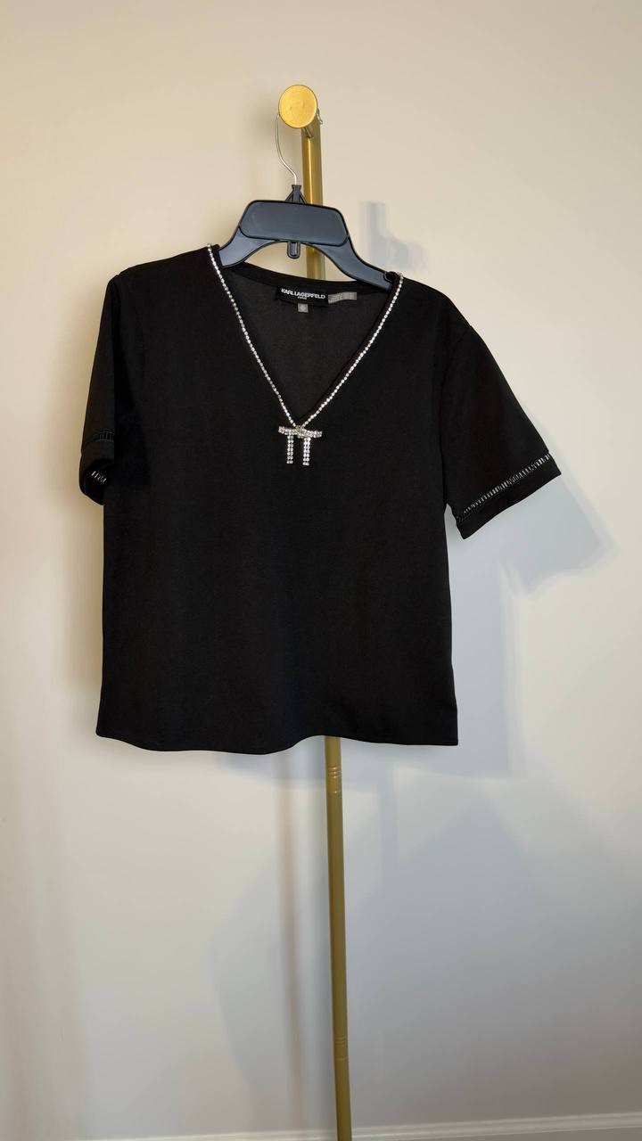 Karl Lagerfeld Paris Sparkle‑Bow V‑Neck Knit Top Black XS NWT $89