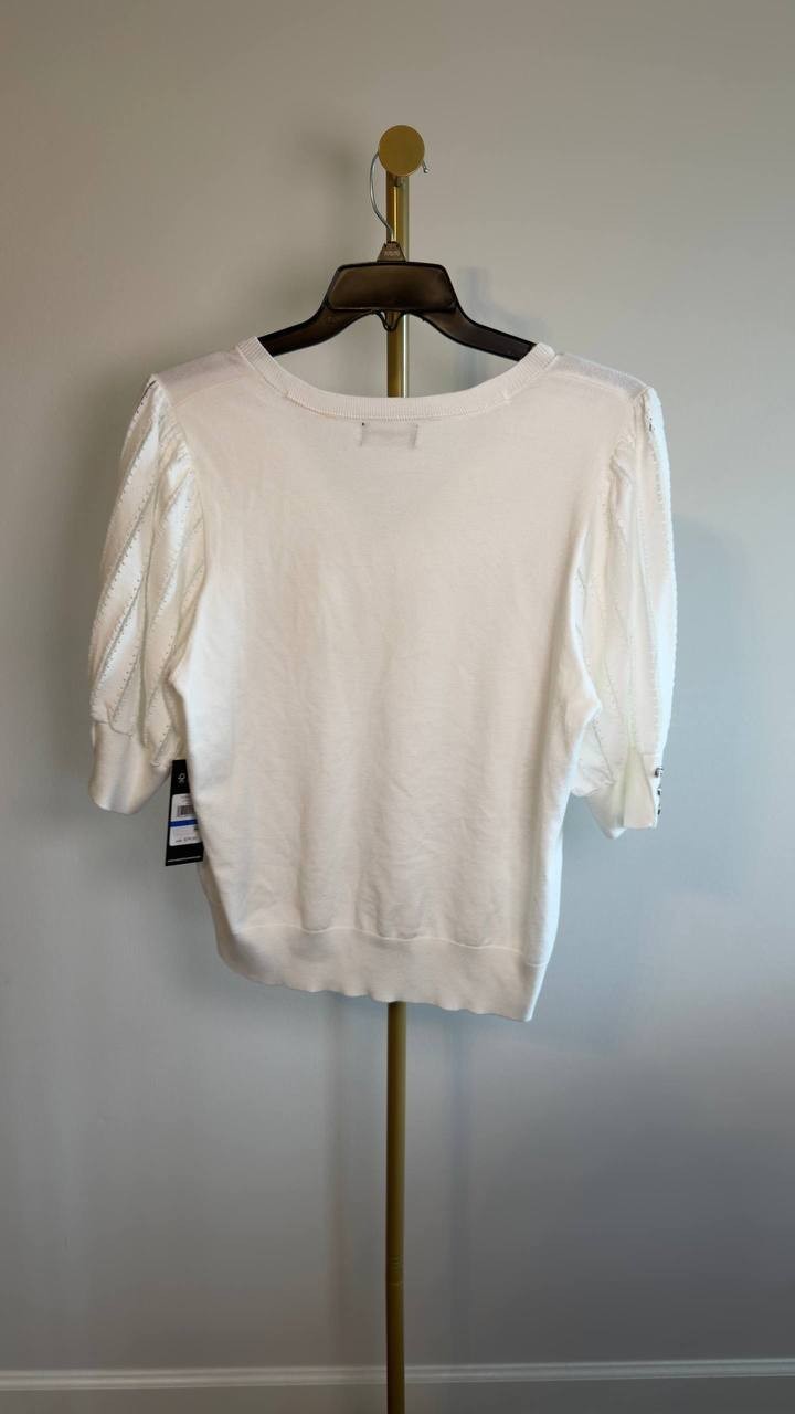 Karl Lagerfeld Paris Puffed‑Sleeve V‑Neck Sweater Soft White XL NWOT $79