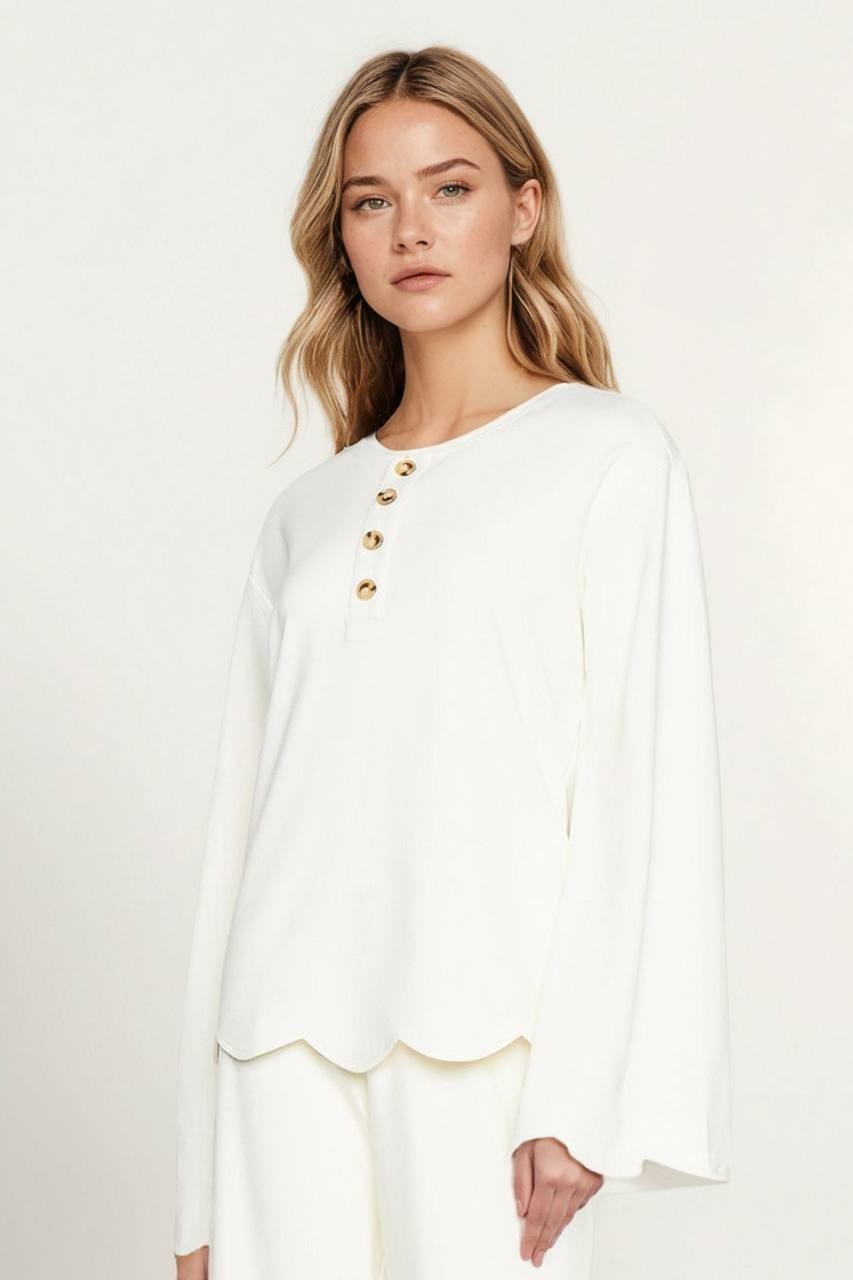 Three Dots Scalloped Bell Sleeve Henley Top White M $78 NWT