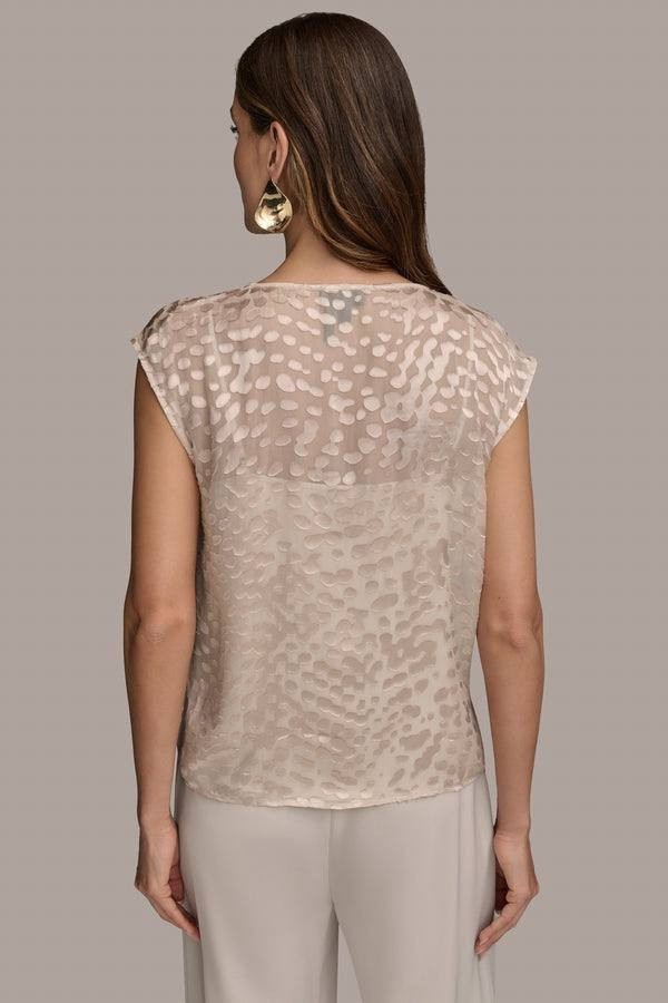 Donna Karan New York Cap‑Sleeve Silk‑Blend Burnout Blouse Beige XL NWT $129