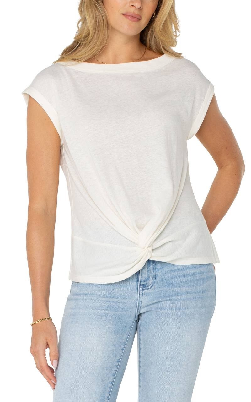 Liverpool Boat Neck Knit Top - Whipped Cream XS, NWT, Front Twist Knot