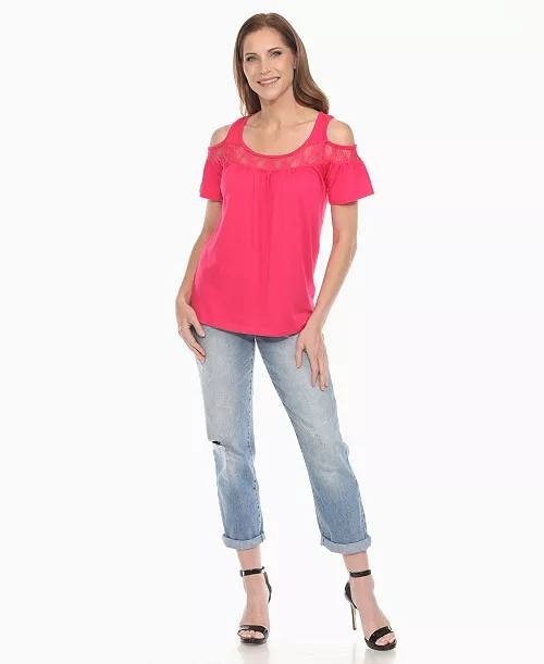 White Mark Cold Shoulder Lace Trim Knit Top Fuchsia XL NWT $60