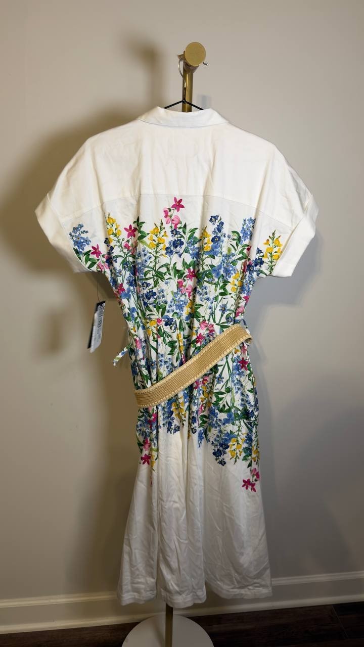 Karl Lagerfeld Paris Placed Floral Print Belted Midi Shirtdress White 10 NWT $50