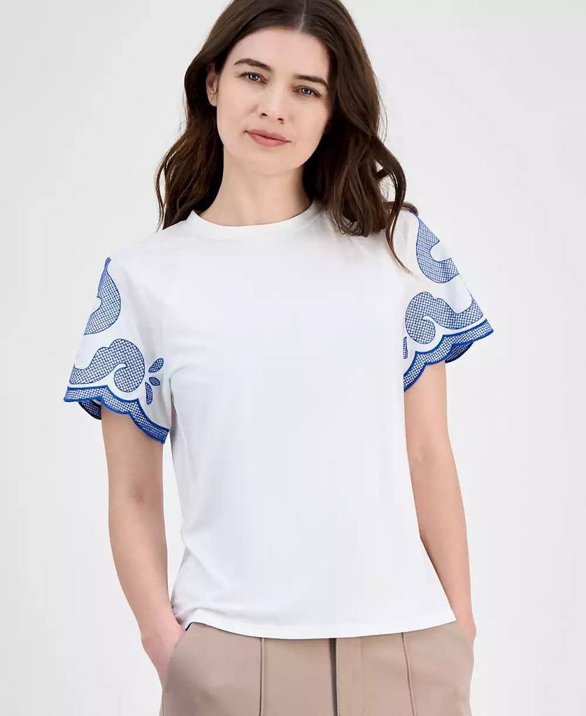 Tahari Women’s Printed Short‑Sleeve Top White Star Polaris Blue M $68 NWT