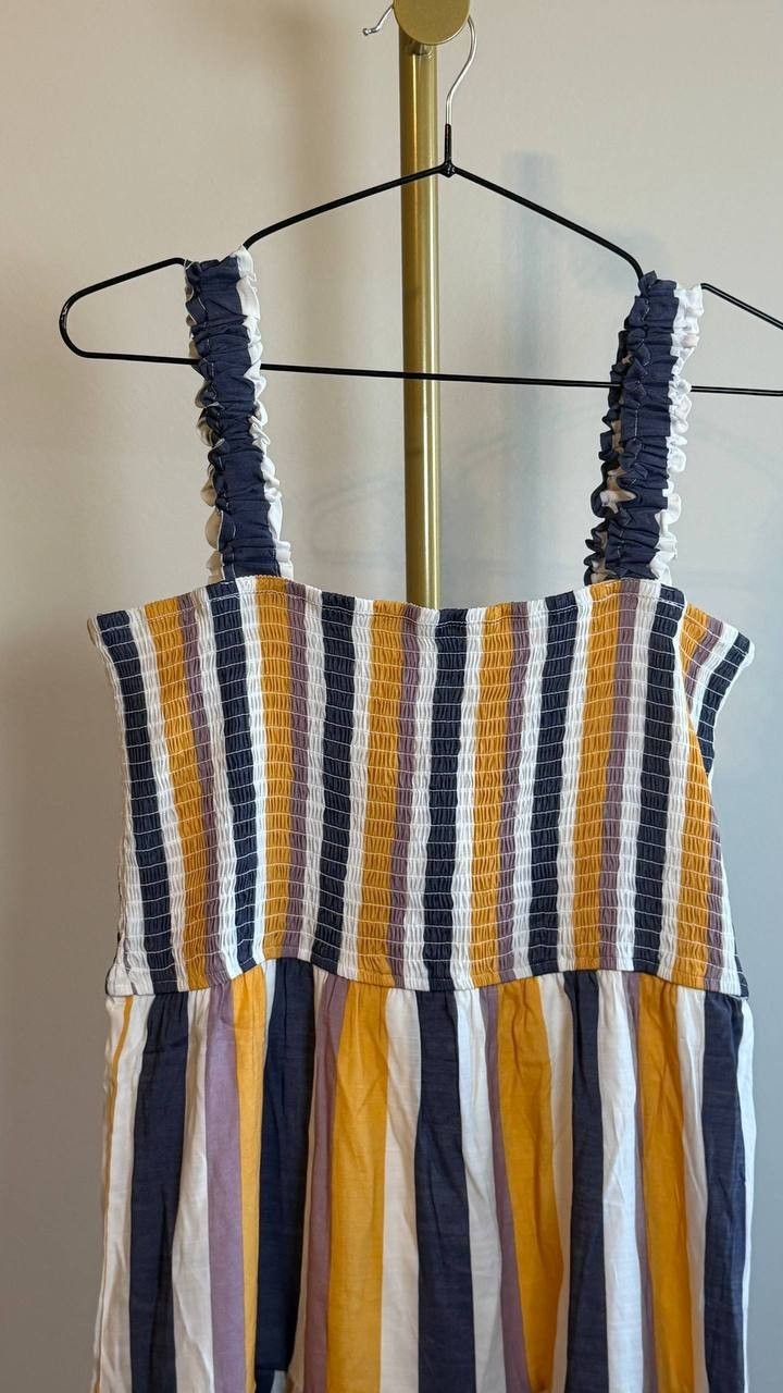 NY Collection Petite Smocked Bodice Tiered Midi Dress Blue Size PL NWT $58