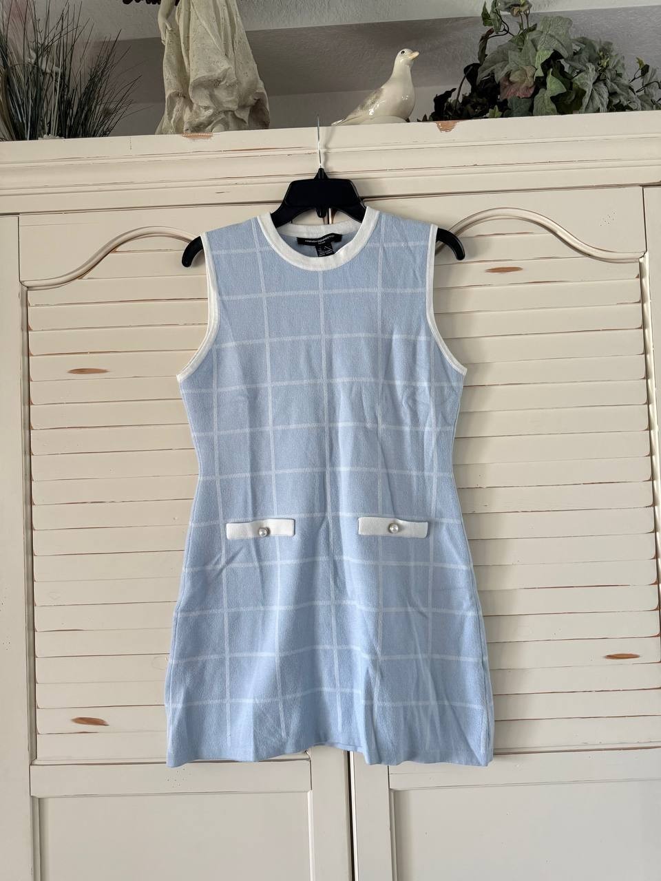 French Connection Dress L Blue Check Sleeveless Round Neck New No Tags