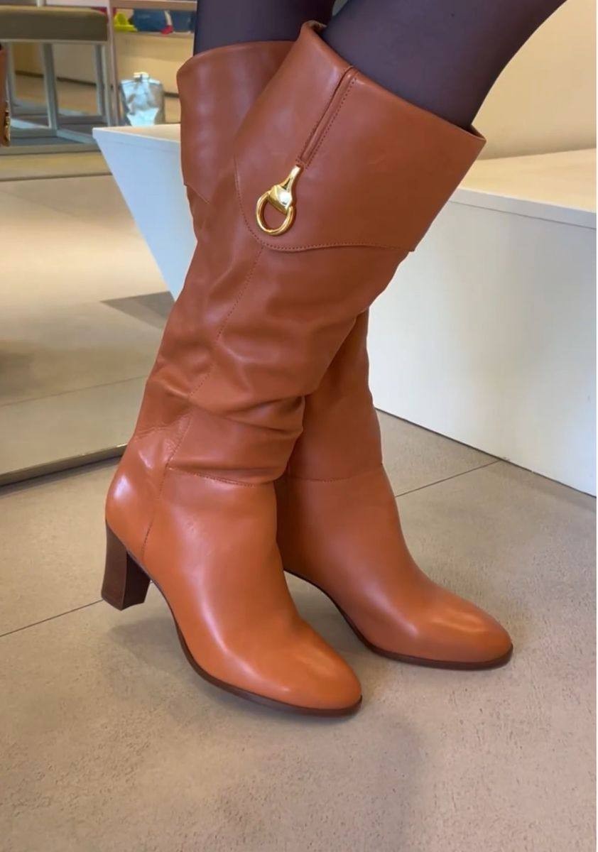 Arezzo Brown Leather Knee-High Boots 9.5B Gold Bit Detail, New with Box