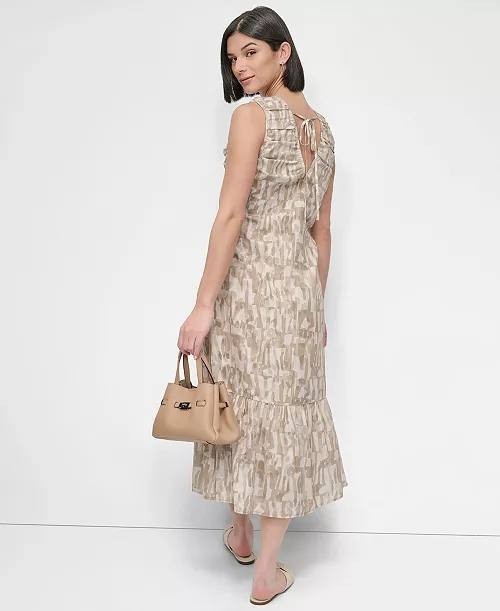 DKNY City Burnout Beaded‑Trim V‑Neck Dress Beige M NWT $139