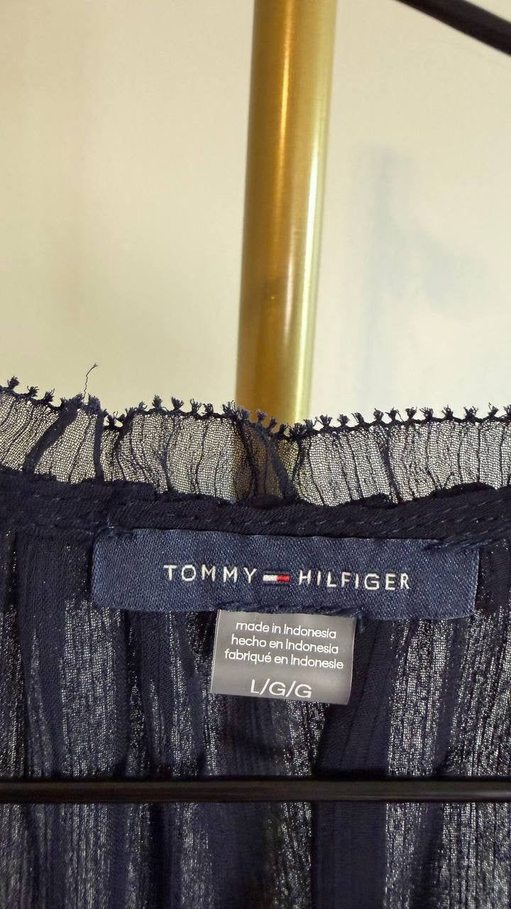 ommy Hilfiger Women’s Split‑Neck Flutter‑Sleeve Blouse Midnight L $79 NWT