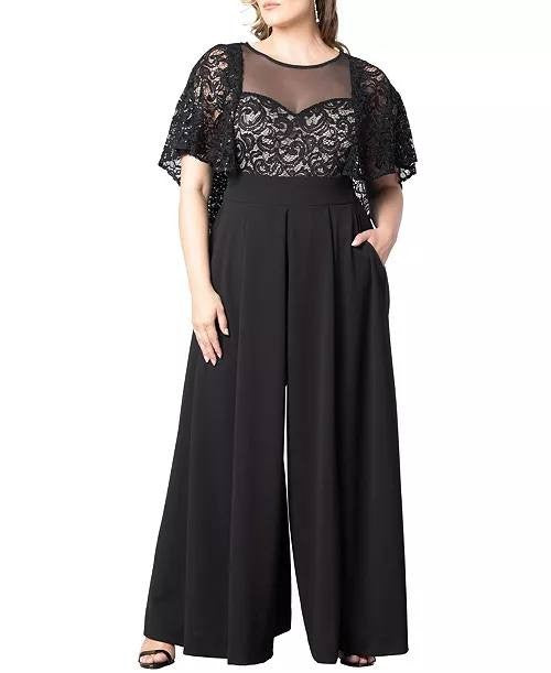 Kiyonna Plus Size Alluring Sequins Lace Formal Jumpsuit Black 4X NWT $288