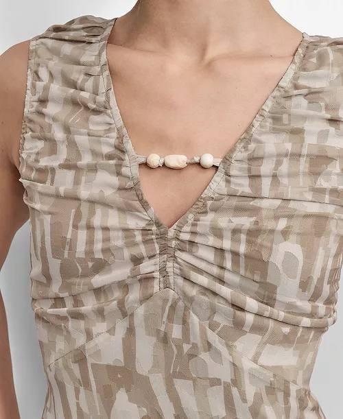 DKNY City Burnout Beaded‑Trim V‑Neck Dress Beige M NWT $139