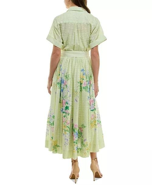 Taylor Eyelet‑Embroidered Belted Cotton Shirt Dress Pea Green 8 NWT $138
