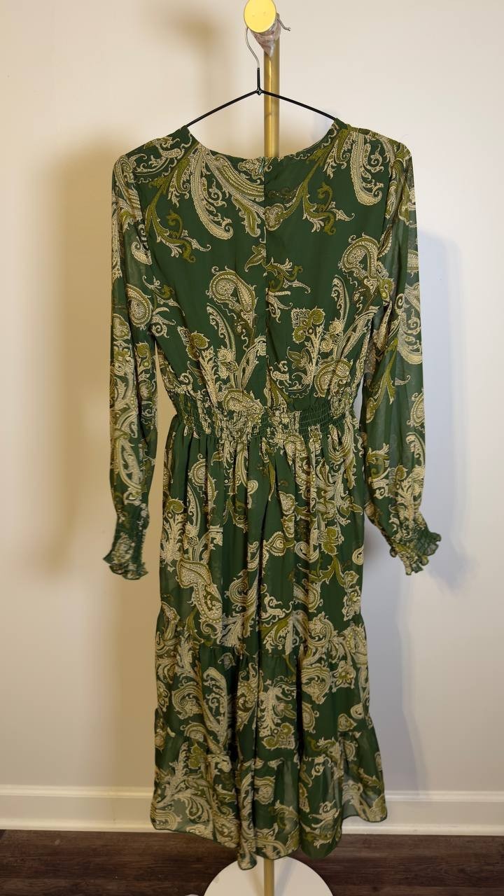 NY Collection Chiffon Dress Smocked Waist & Cuffs Green Paisley S NWT $44