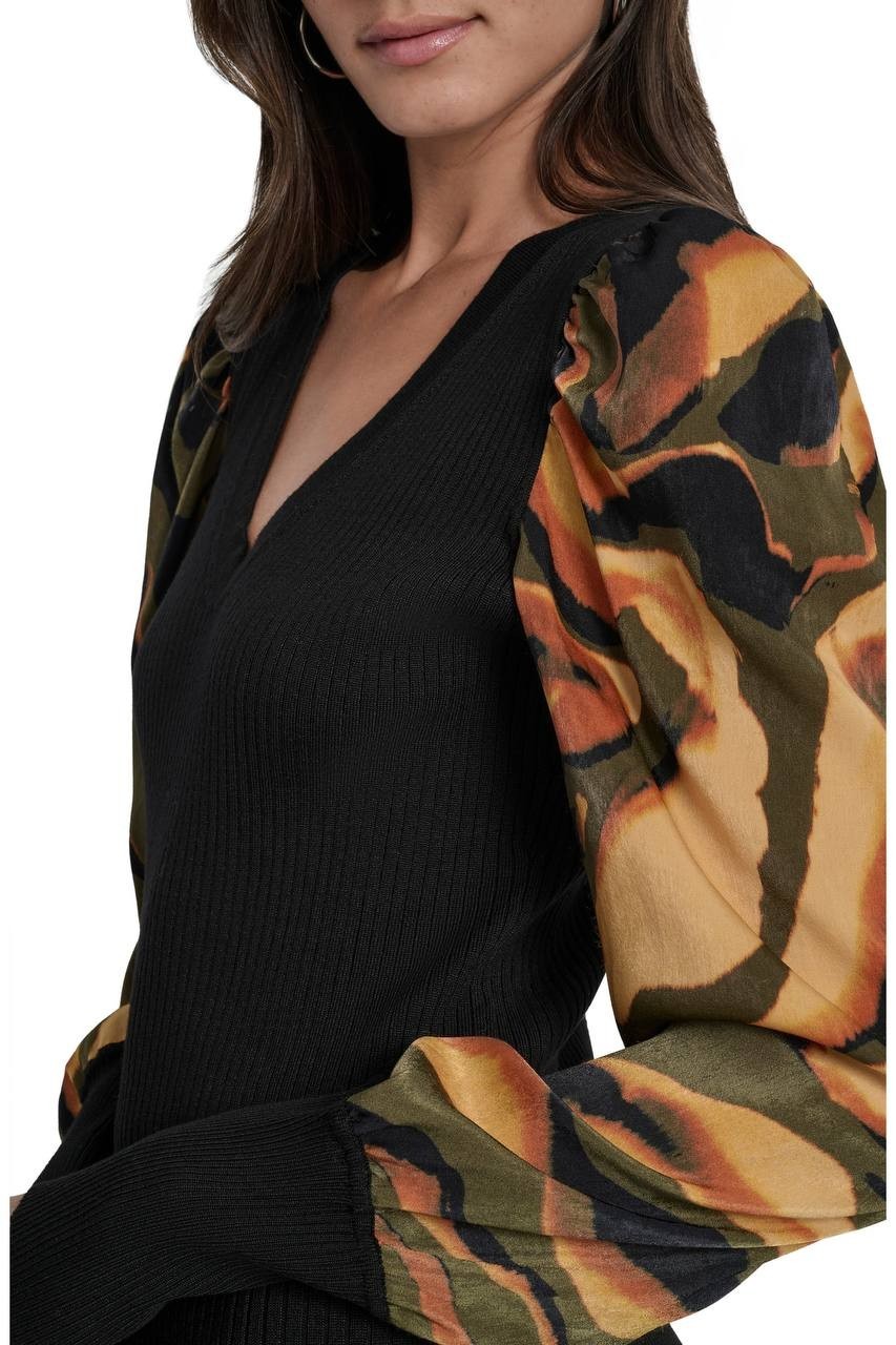 DKNY Rib Puff Shoulder Sweater Black Urban Tiger XS NWT $89