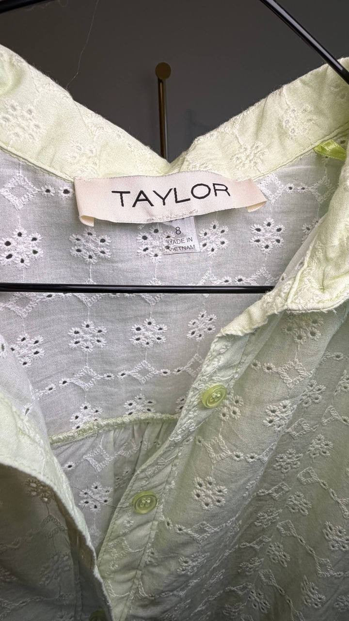Taylor Eyelet‑Embroidered Belted Cotton Shirt Dress Pea Green 8 NWT $138