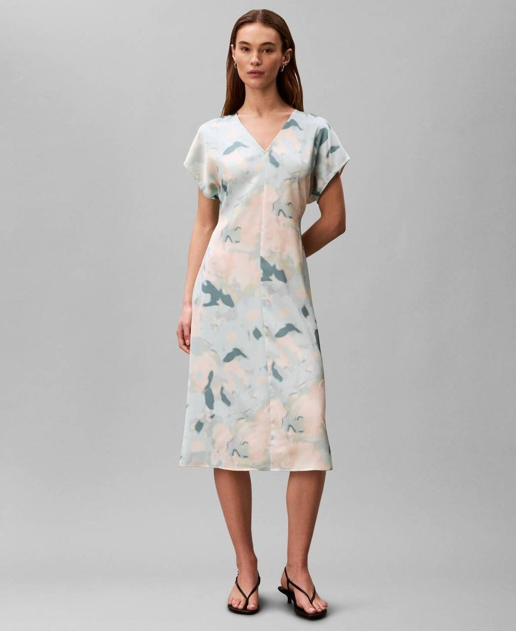 Calvin Klein Satin Print V‑Neck Midi Dress Pale Meadow S NWT $169