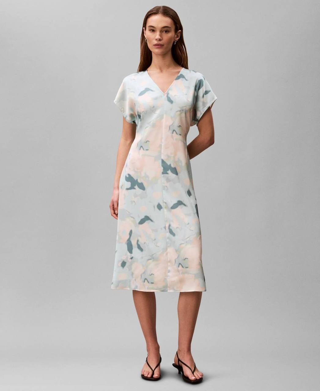 Calvin Klein Satin Print V‑Neck Midi Dress Pale Meadow S NWT $169