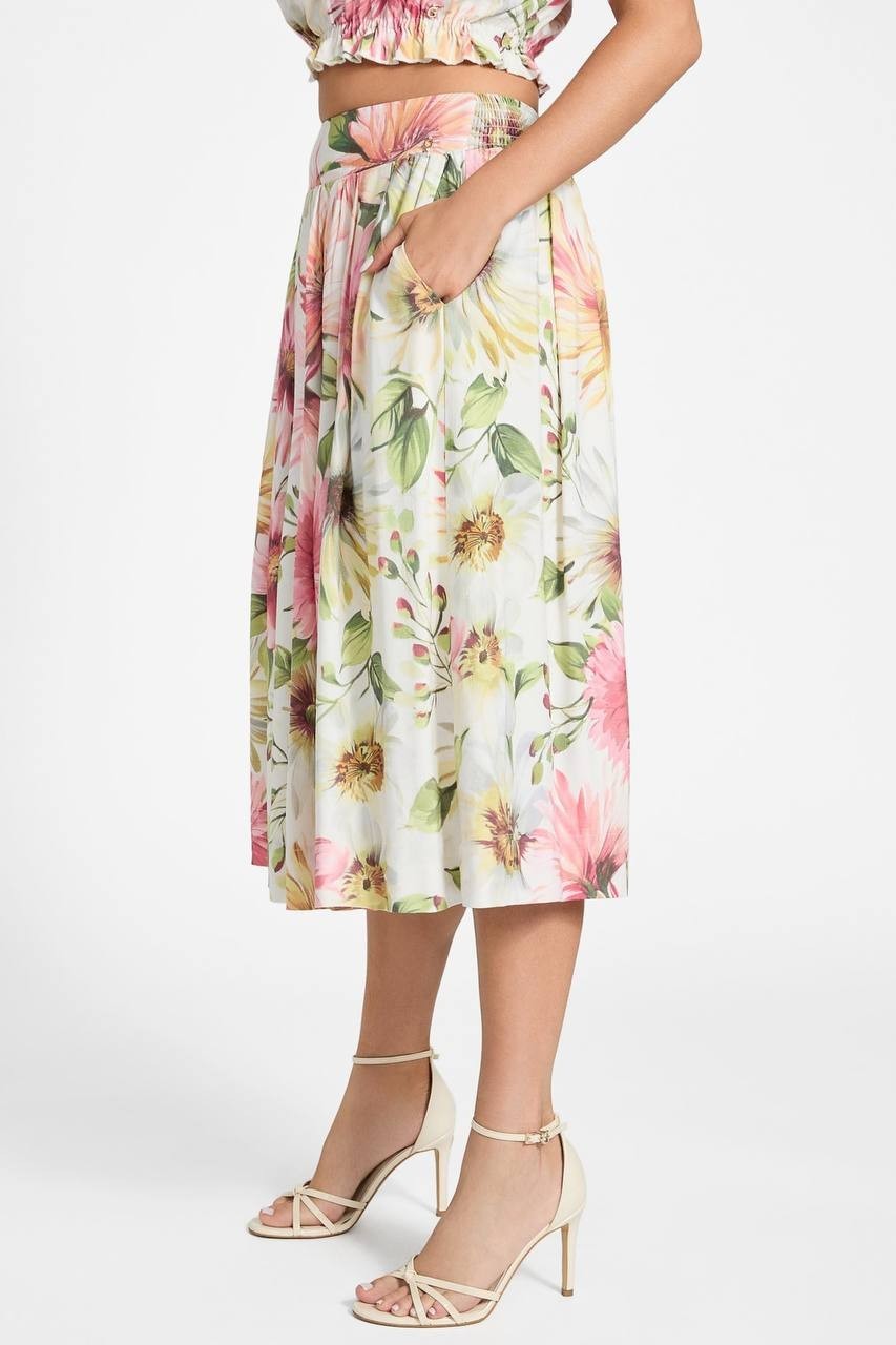 Guess Eco Elodie Floral Midi Skirt Daisies Print White Yellow Size S NWT $118