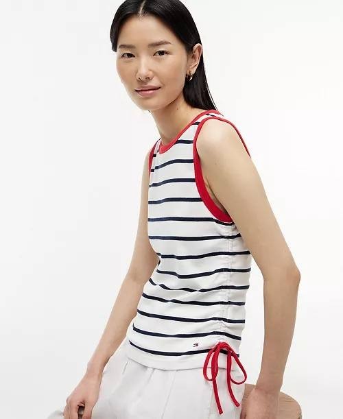 Tommy Hilfiger Tie‑Detail Sleeveless Cotton Top White/Red/Black XL NWT $39.50
