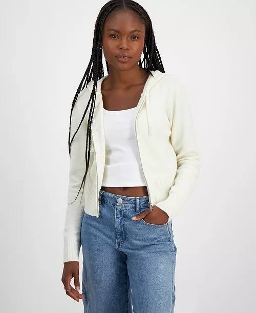 Ultra Flirt Juniors Full-Zip Hooded Cardigan Ivory Knit Sweater NWT Casual