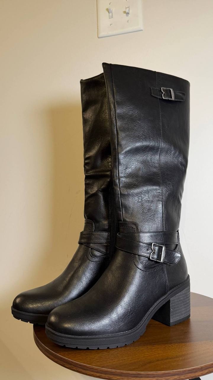 Dr. Scholl’s Prairie Riding Boots 7.5M Black Synthetic Block Heel NIB msrp $160