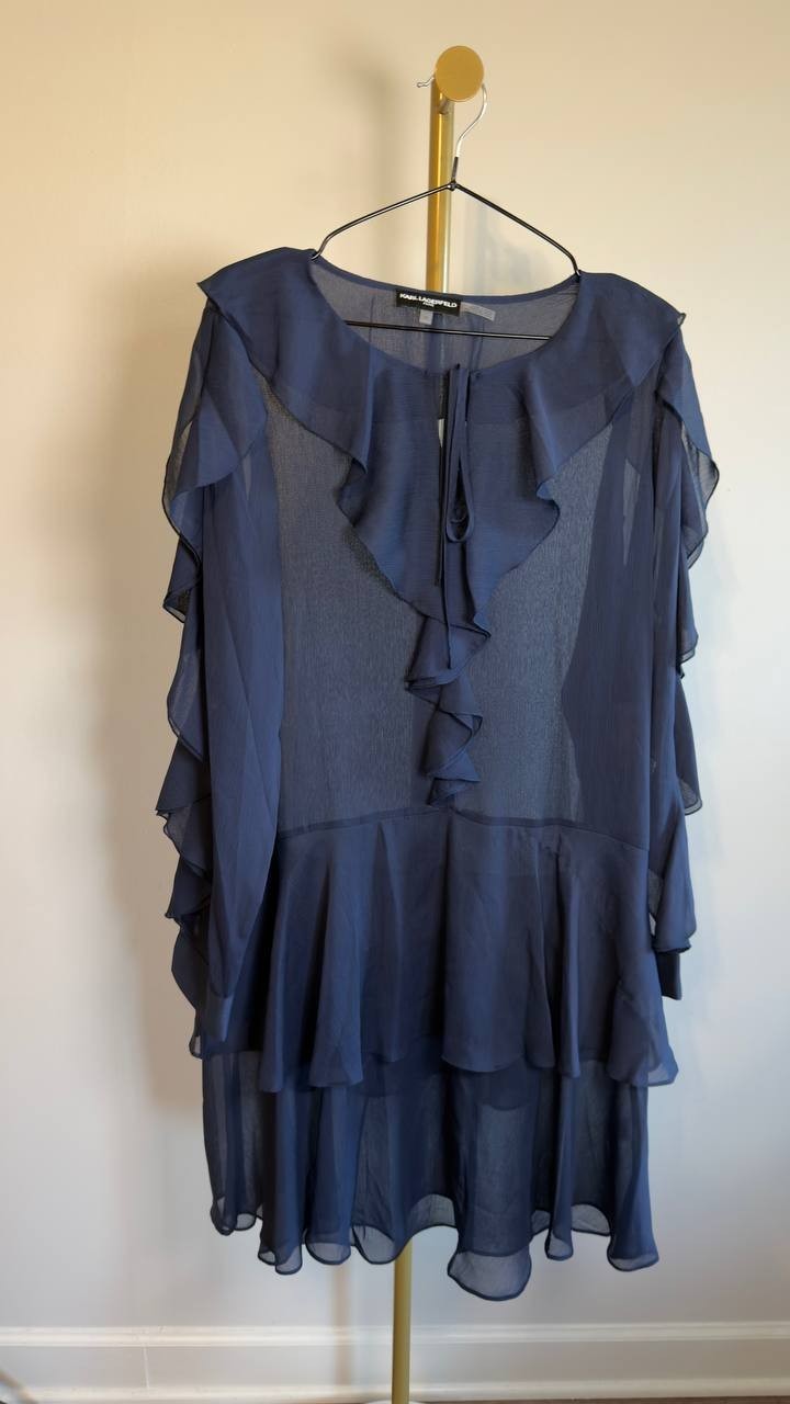 Karl Lagerfeld Paris Layered Ruffle Navy Tie Neck Dress Size 10 NWT