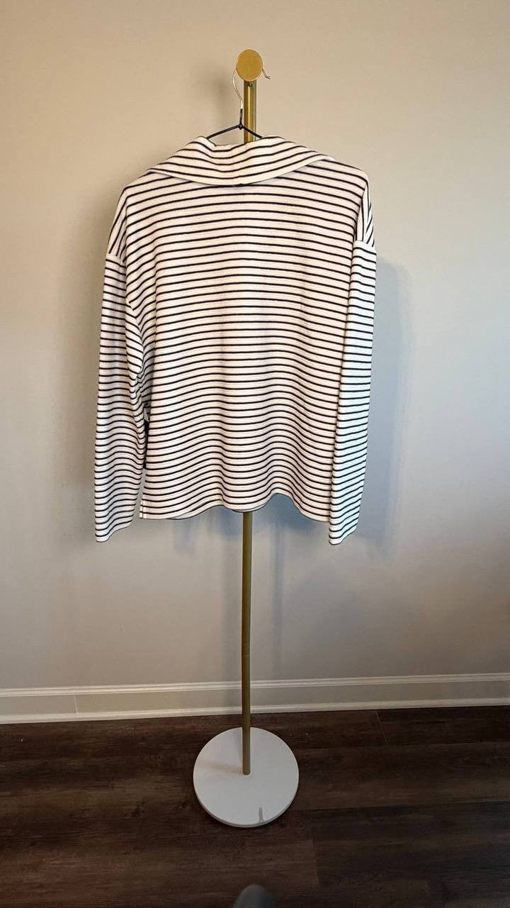 Jones New York Petite Metallic Striped Zip‑Neck Top Black/Silver L NWT $89.50