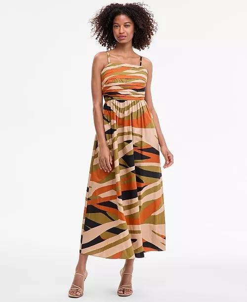 MSK Women’s Cotton Pleated‑Bodice Tie‑Back Midi Dress Multicolor XL $109 NWT