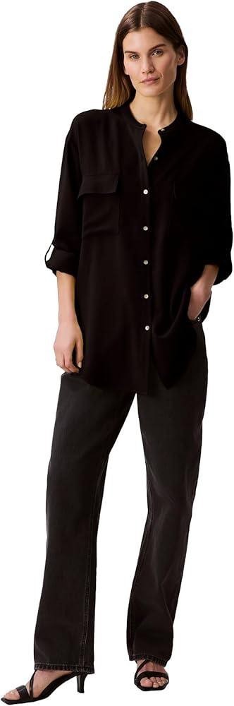 Calvin Klein Crepe Relaxed Button‑Front Shirt Black M NWT $79