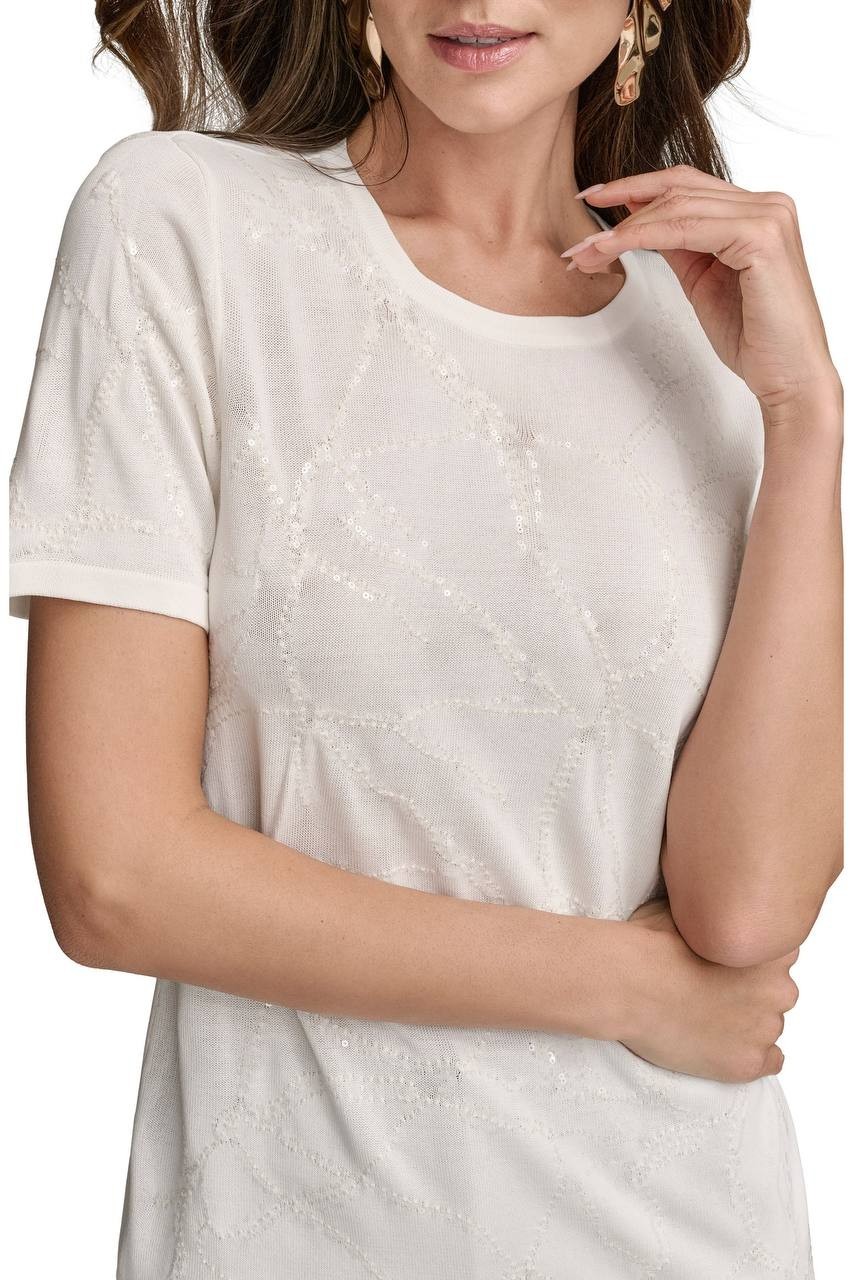 Donna Karan NY Sequin Embellished Short Sleeve Sweater Cream XS NWT $99