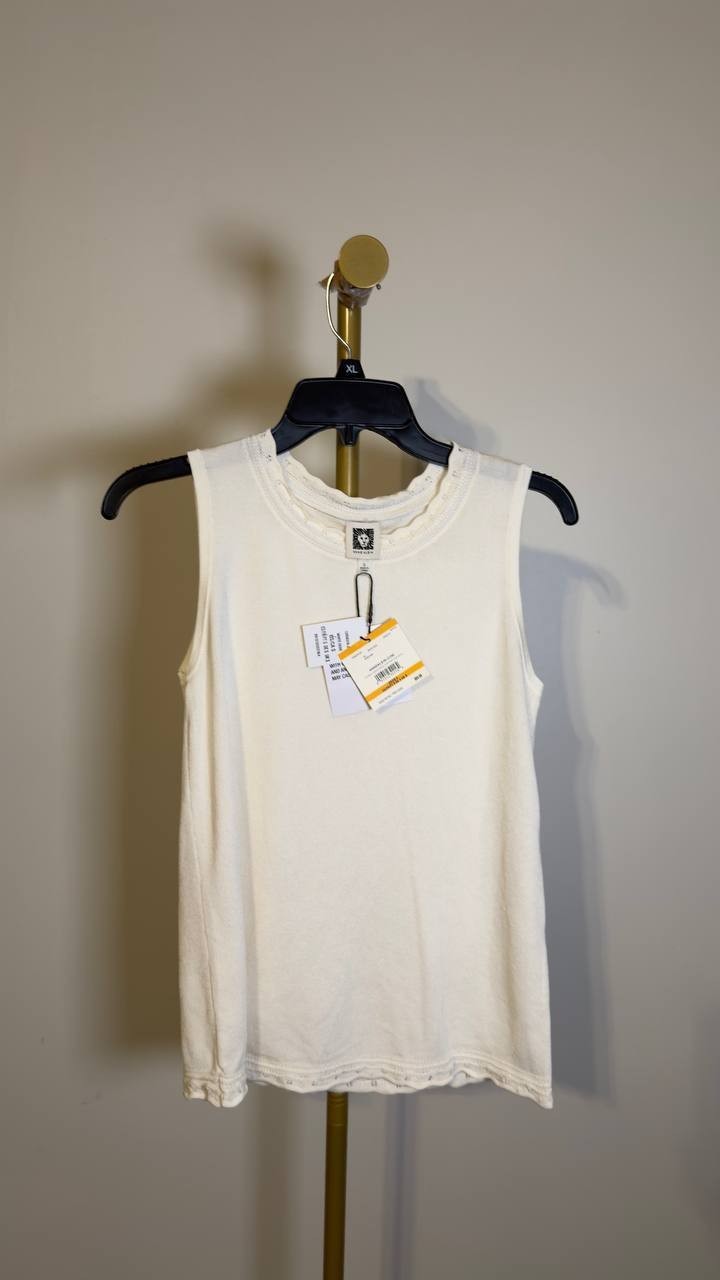 Anne Klein Scallop Trim Sleeveless Sweater White Dove S NWT $69