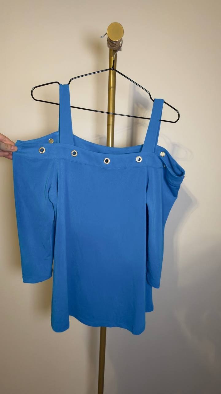 Belldini Women’s Grommet Trim Cold Shoulder Top Blue S NWT $49