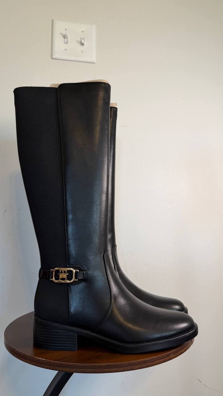 Tommy Hilfiger Imaliz Tall Ornamented Riding Boots Black 8M Man‑Made $159 NWB